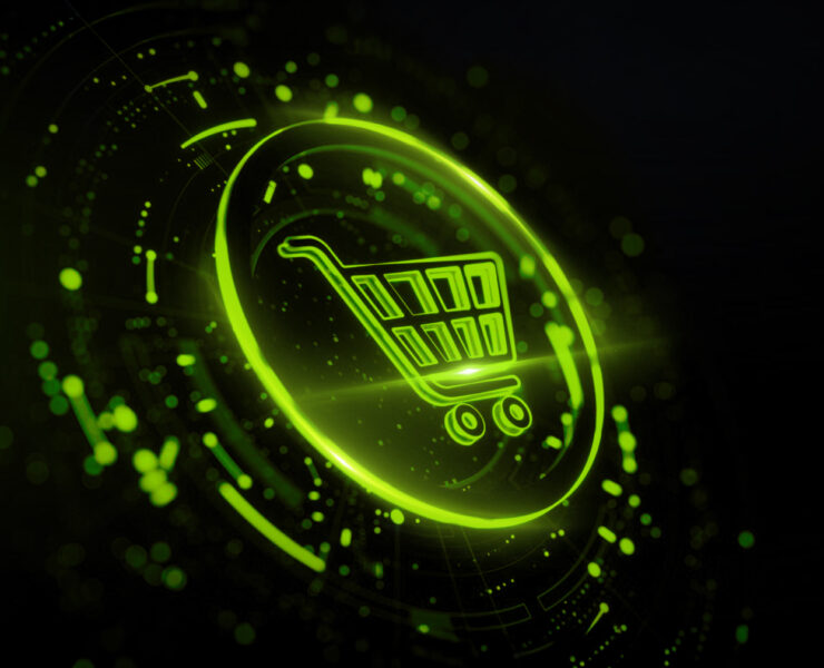 E-commerce and digital shop: businessman touch add to cart icon. Business, retail, online store concept.