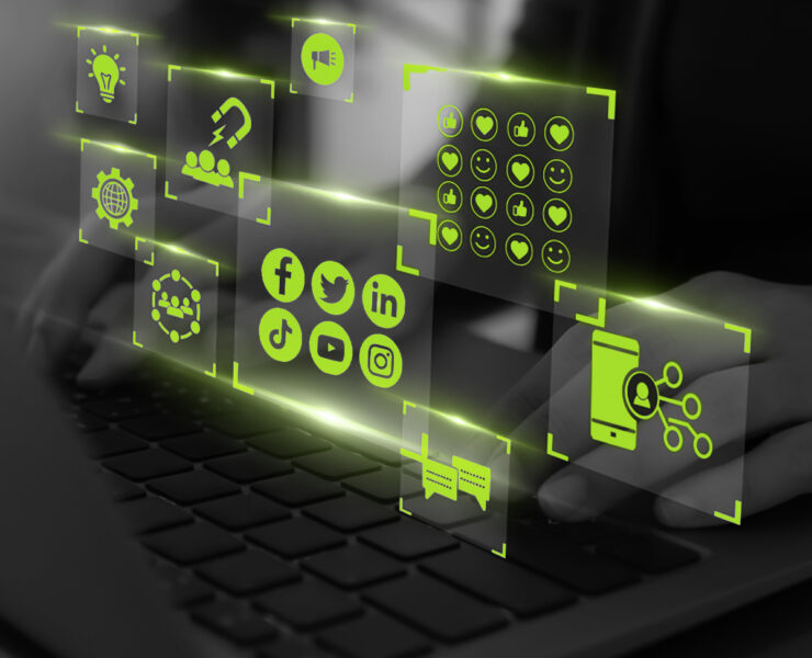 Social media engagement, Digital marketing concept. Working on computer for creating social media platforms to build relationships and drive sales. Engaging activities responding to comments, sharing